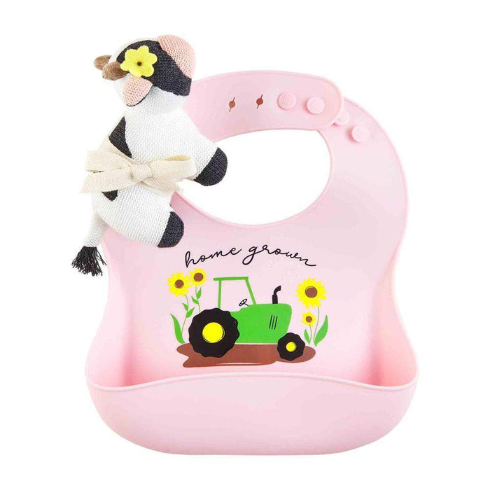Mud Pie Pink Farm Silicone Bib and Rattle Set