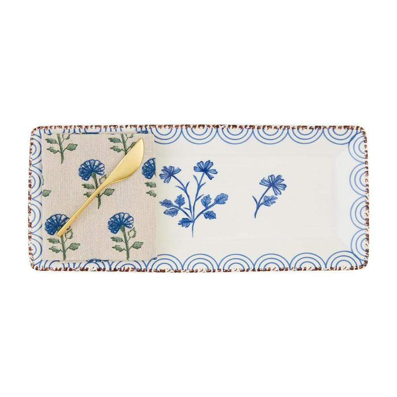 Mud Pie Blue Floral Tray and Towel Set