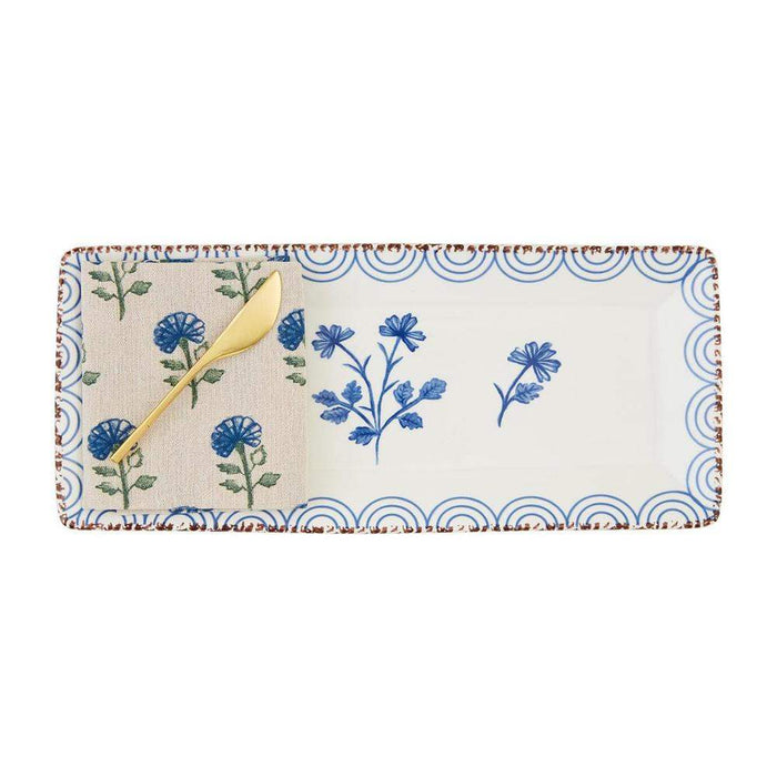 Mud Pie Blue Floral Tray and Towel Set