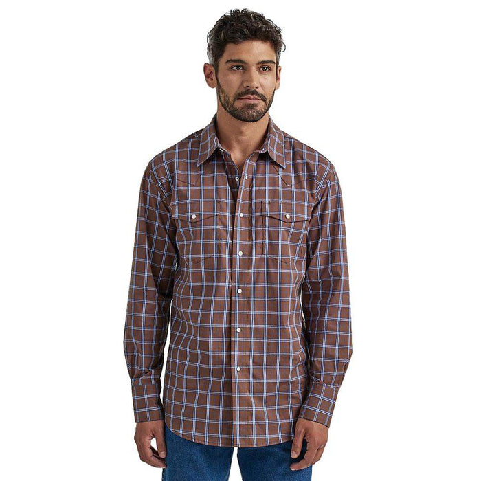 Wrangler Men's Wrinkle Resist Brown Plaid Snap Shirt