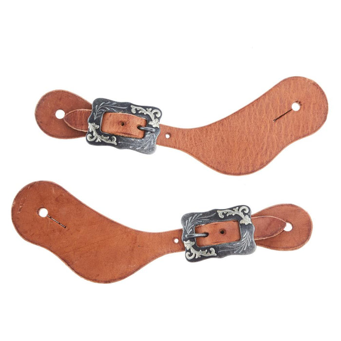 Natural Oil Dove Wing Ladies Youth Spur Straps with Scroll Cart Buckle