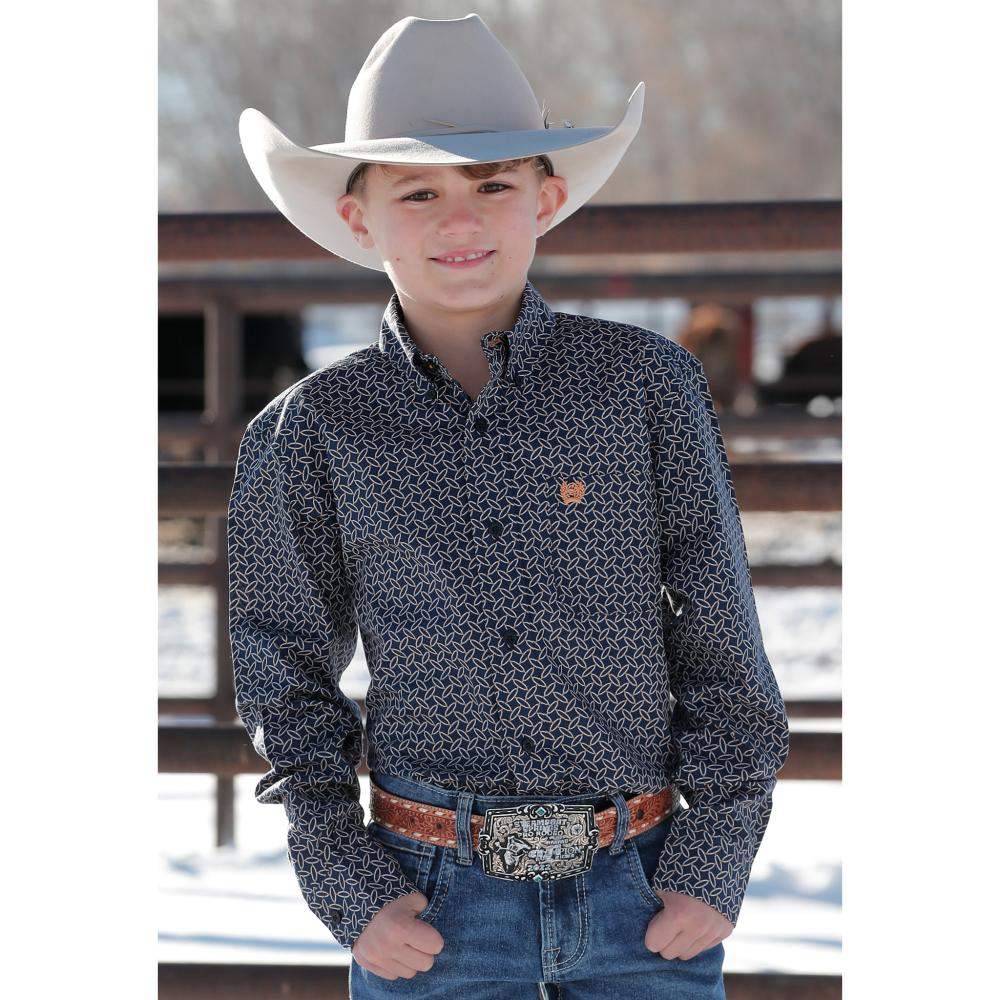 CINCH BOY'S MATCH DAD GEOMETRIC PRINT BUTTON-DOWN WESTERN SHIRT - RED