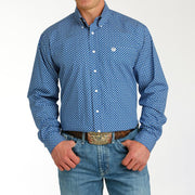 Men's Blue Printed Long Sleeve Button Down