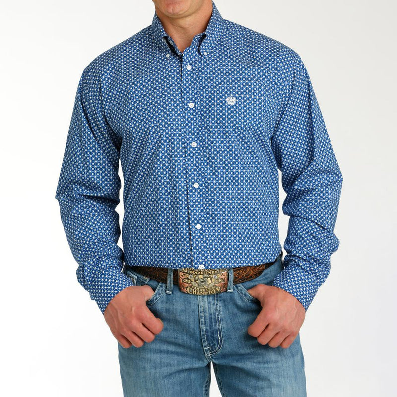 Men's Blue Printed Long Sleeve Button Down
