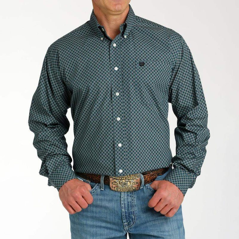 Men's Teal Printed Long Sleeve Button Down