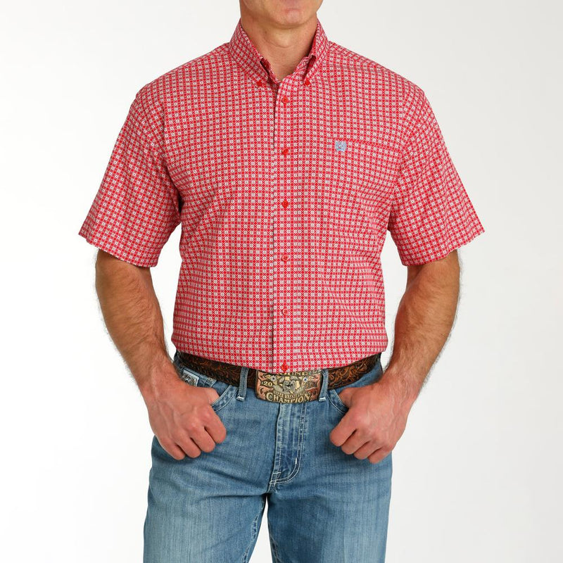 Men's Red Printed Short Sleeve Button Down