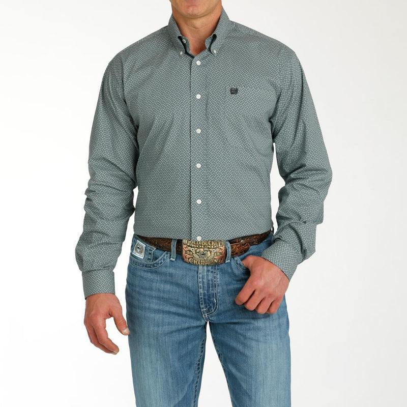 Men's Green Printed Long Sleeve Button Down