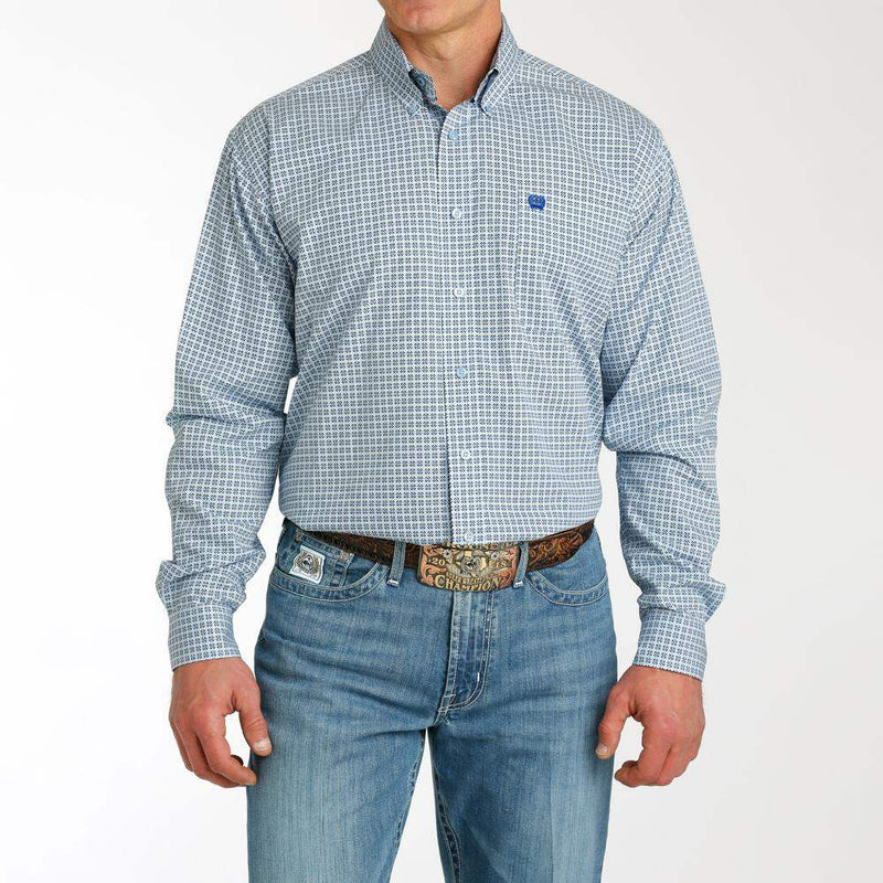 Cinch Men's Light Blue Printed Long Sleeve Button Down