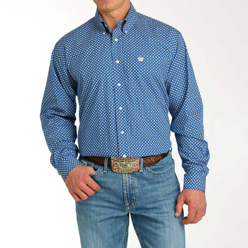 Cinch Men's Blue Printed Long Sleeve Button Down