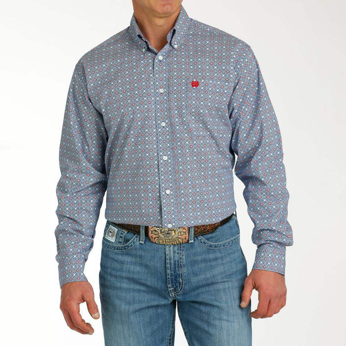 Cinch Men's Blue Printed Long Sleeve Button Down