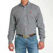Men's White Printed Long Sleeve Button Down