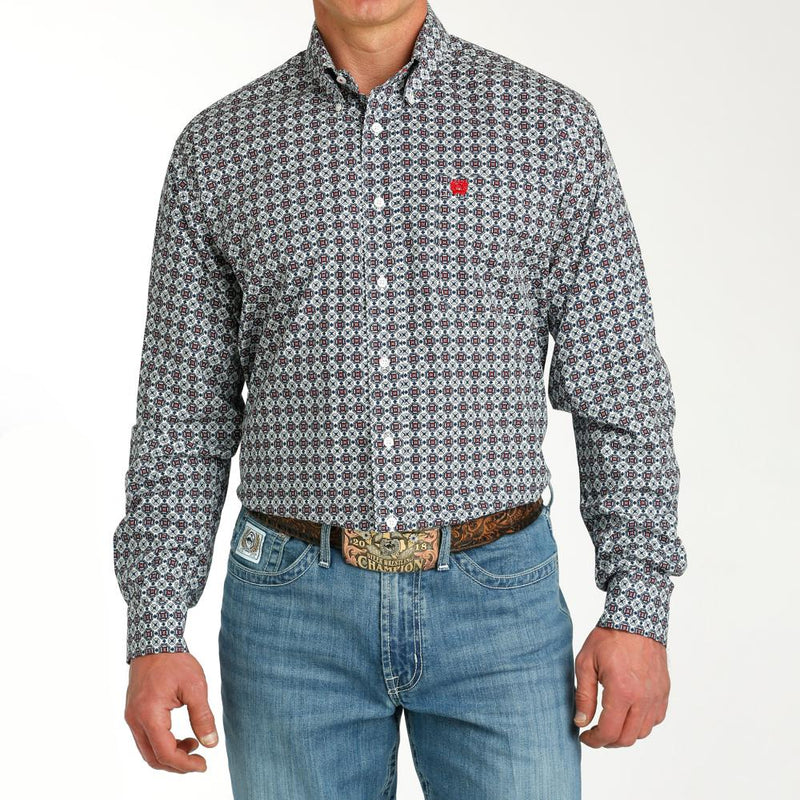 Men's White Printed Long Sleeve Button Down
