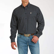 Men's Navy Printed Long Sleeve Button Down
