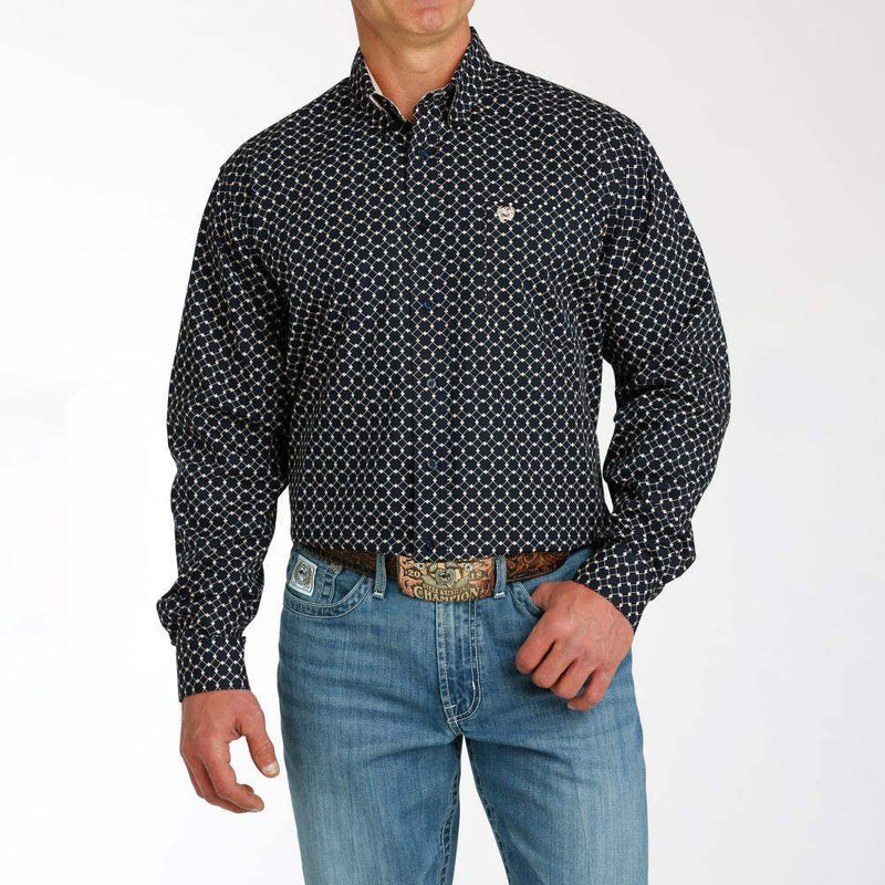 Men's Navy Printed Long Sleeve Button Down