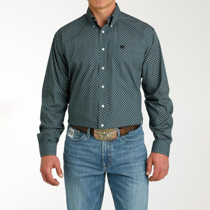 Men's Teal Printed Long Sleeve Button Down