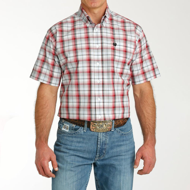 Men's White Plaid Short Sleeve Button Down