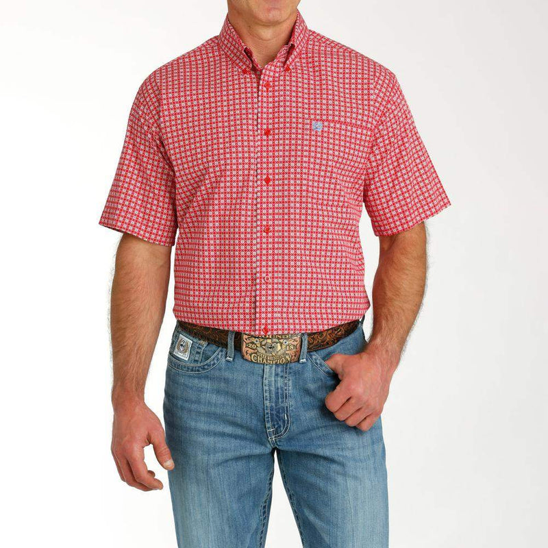 Men's Red Printed Short Sleeve Button Down