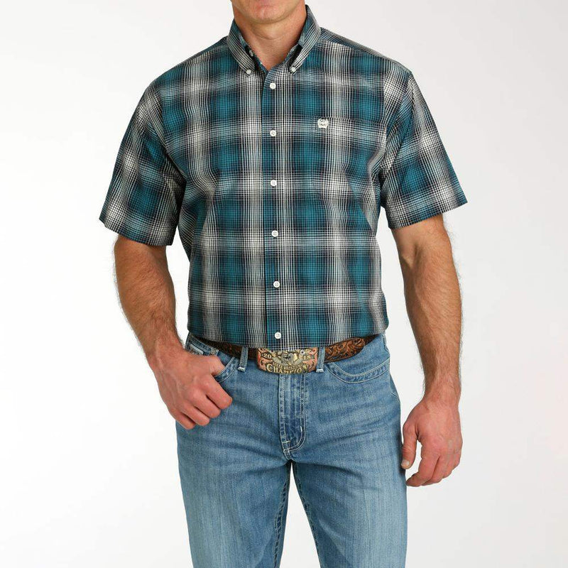 Men's Teal Plaid Short Sleeve Button Down