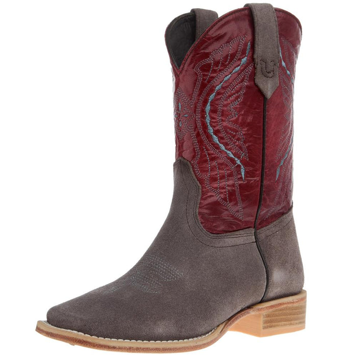 R Youth Charcoal Rough Out with Dark Cherry Shaft Square Toe Boot