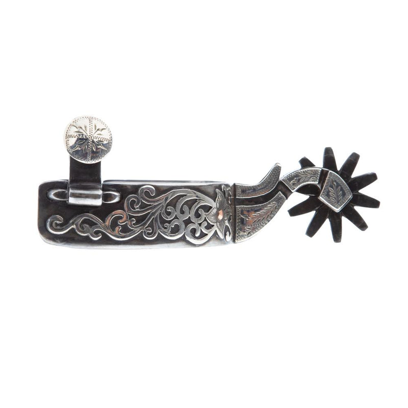 Silver Engraved Floral Scroll Cowboy Spurs With Chap Guard