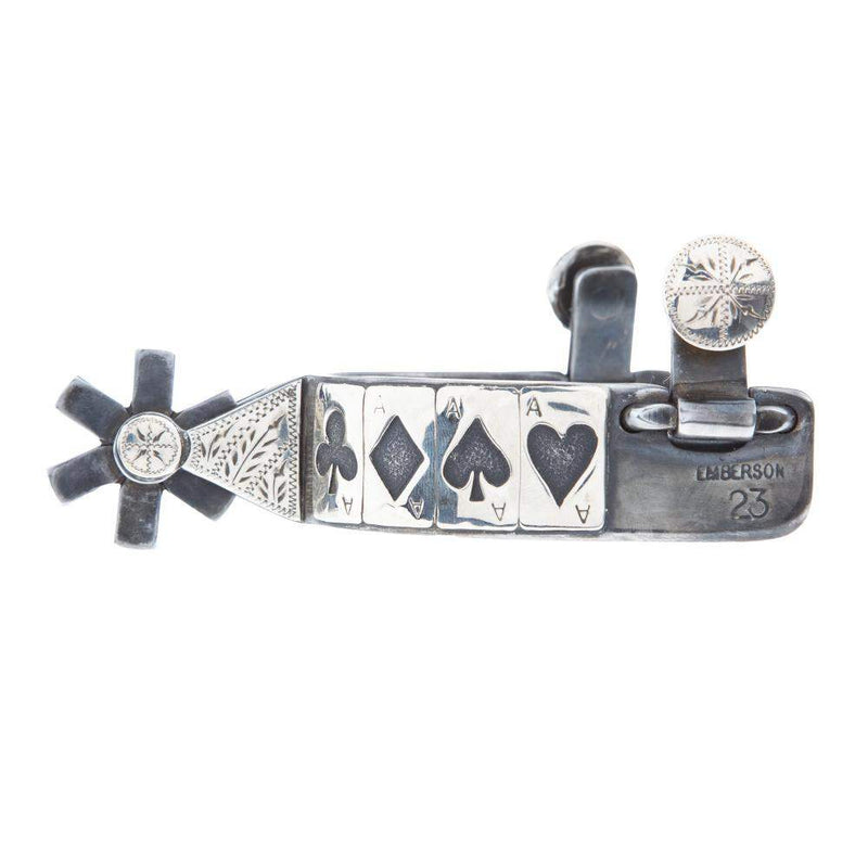 Mike Emberson Card Suite and Silver Engraved Scroll Short Shank Spurs