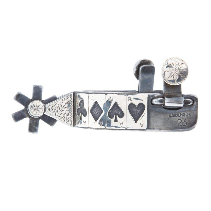 Mike Emberson Card Suite and Silver Engraved Scroll Short Shank Spurs