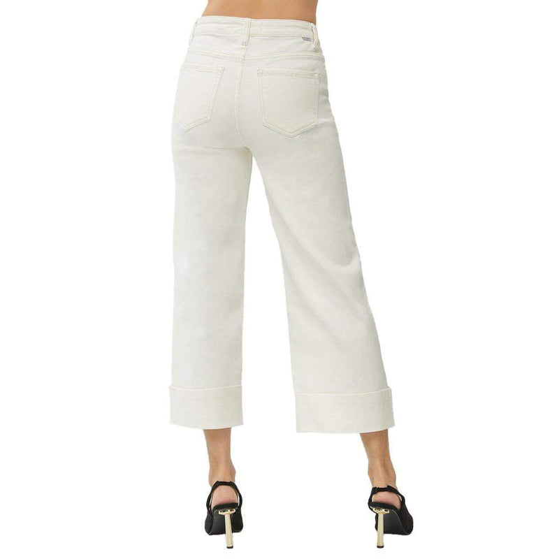 Women's Cream High Rise Wide Leg Cuffed Pants