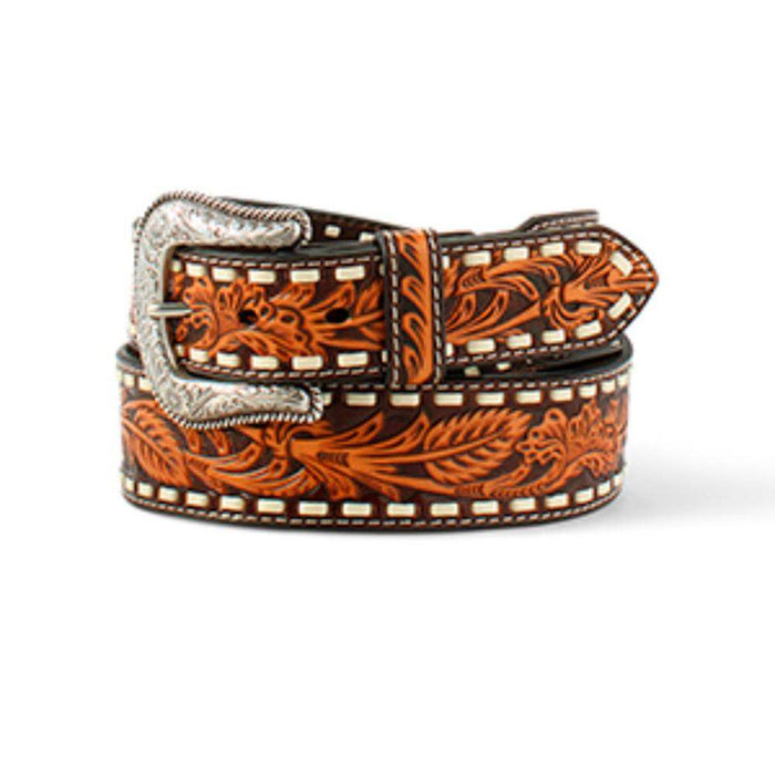 M & F Men's Brown Floral Tooled Belt