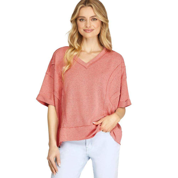 She & Sky Women's Pink Raw Edge Top