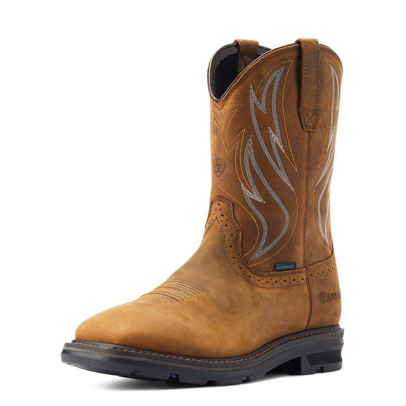 Men Sierra Shock Shield Brown Wide Square Toe H2O Soft Toe Pull On Work