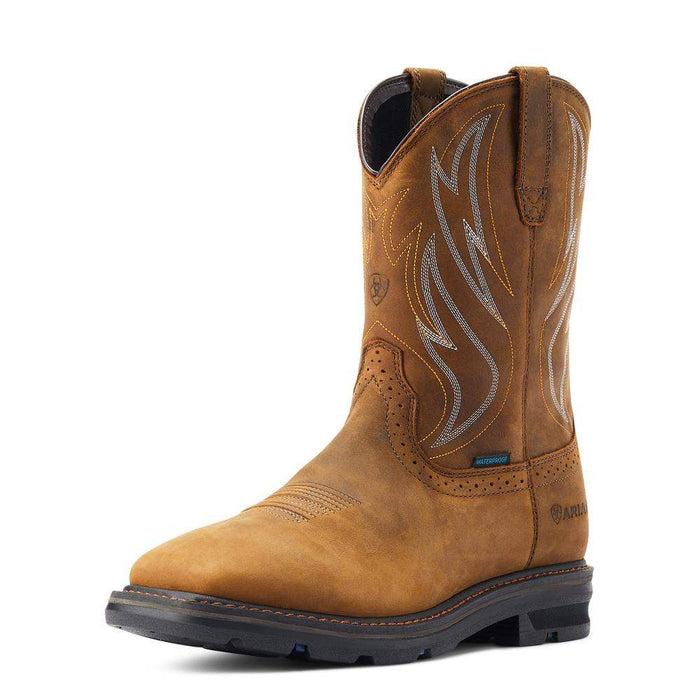 Men Sierra Shock Shield Brown Wide Square Toe H2O Soft Toe Pull On Work