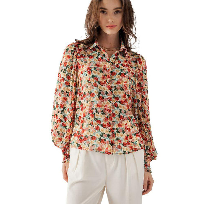 Trend:Notes Women's Green and Coral Floral Print Blouse