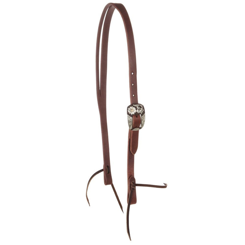 Heavy Oiled 3/4 Inch Slit Ear Headstall with Silver Flower Bar Cart Buckle