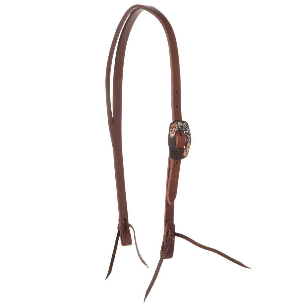 Cowperson Tack Heavy Oiled 3/4in.Slit Ear Headstall With Copper Flower