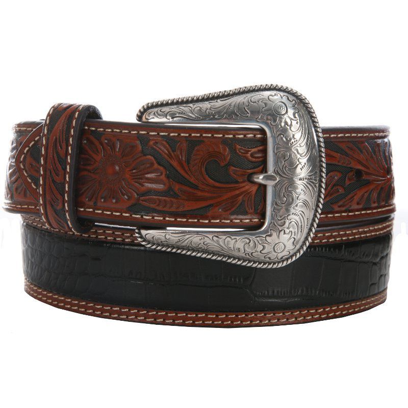 Men's Black Gator Body Tooled Tan Western Belt