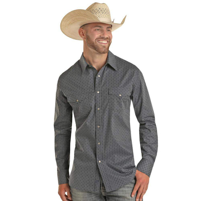 Rock & Roll Denim Men's Blue Geo Print Ripstop Snap Shirt