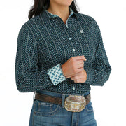 Womens Blue Black Printed Stripe Button Down