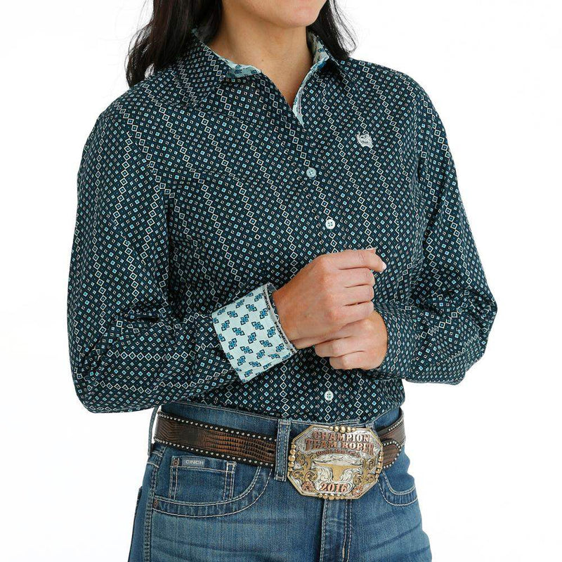 Womens Blue Black Printed Stripe Button Down