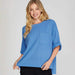 She & Sky Womens Diva Blue Drop Shoulder Short Sleeve Sweater