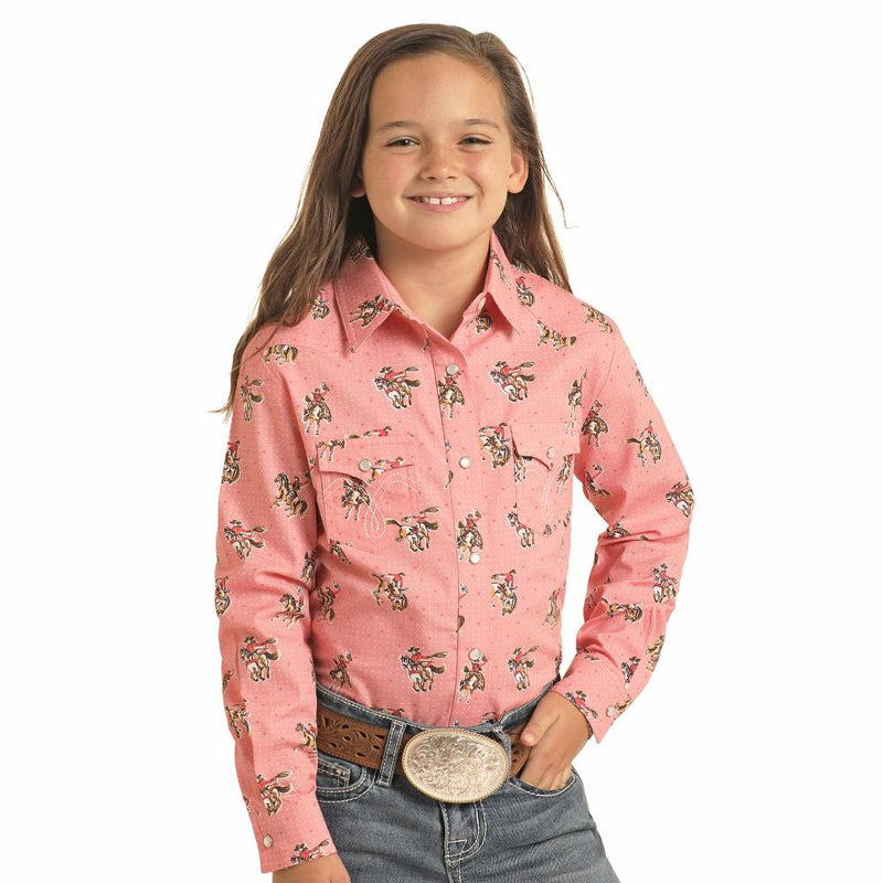 Girl's Pink Cowboy Print Snap Shirt