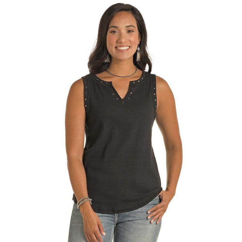 Women's Black Studded Notch Neck Tee