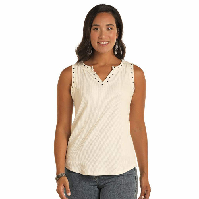 Women's Cream Studded Notch Neck Tank