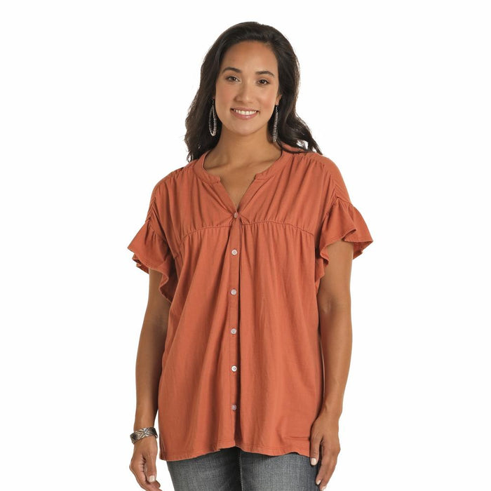 Women's Rose Ruched Panel Button Blouse