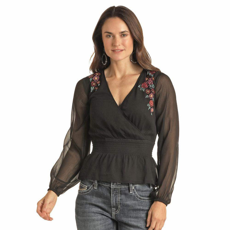 Panhandle Women's Black Embroidered Smock Blouse