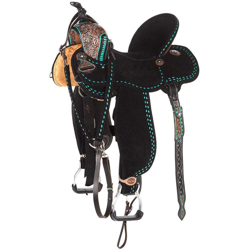 Tomahawk 14.5in Black Roughout with Turquoise Buckstitch Barrel Saddle