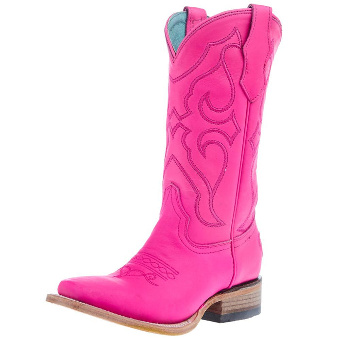 Teen Fuchsia Leather and Embroidery Square Toe Boot