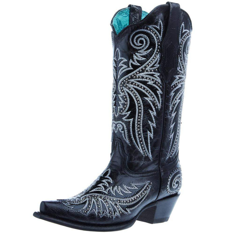 Women`s Black Overlay and Embroidered 13In Top Boot