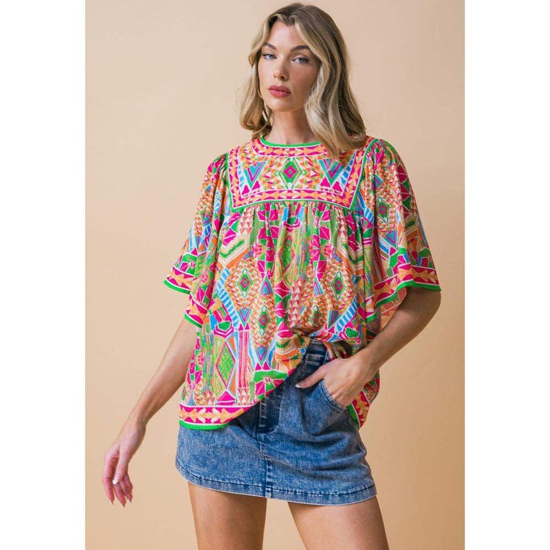 Flying Tomato Women's Green and Pink Print Top