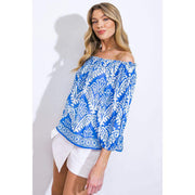 Flying Tomato Women's Blue and Ivory Off Shoulder Top