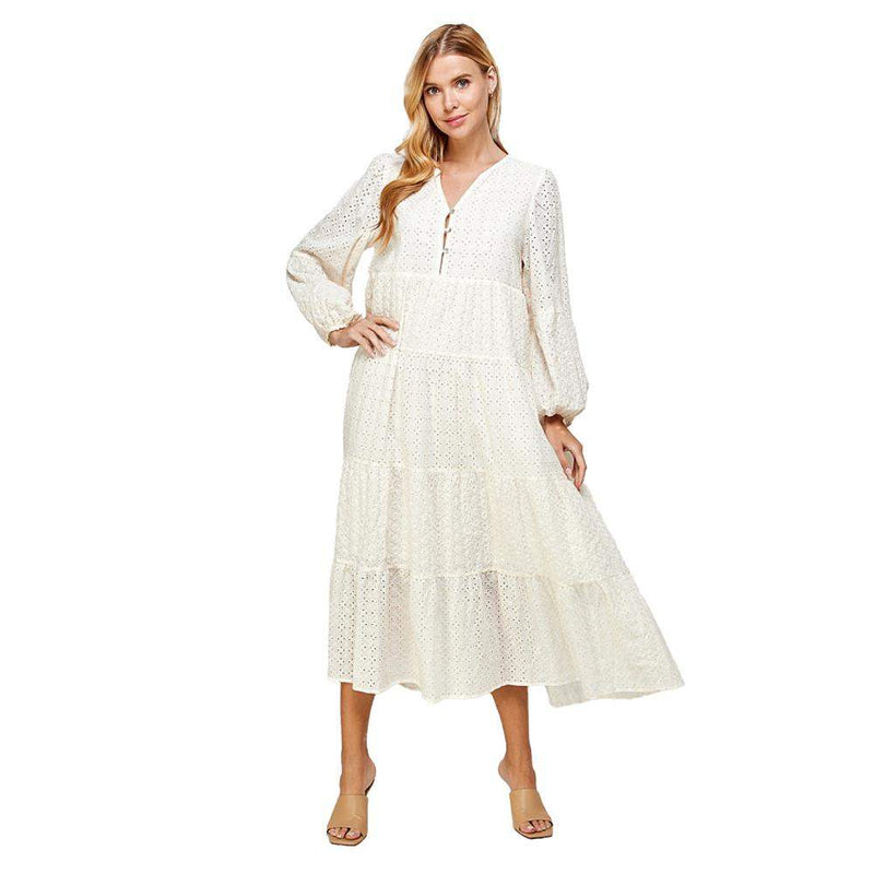 See And Be Seen Women's Cream Eyelet Lace Tiered Dress